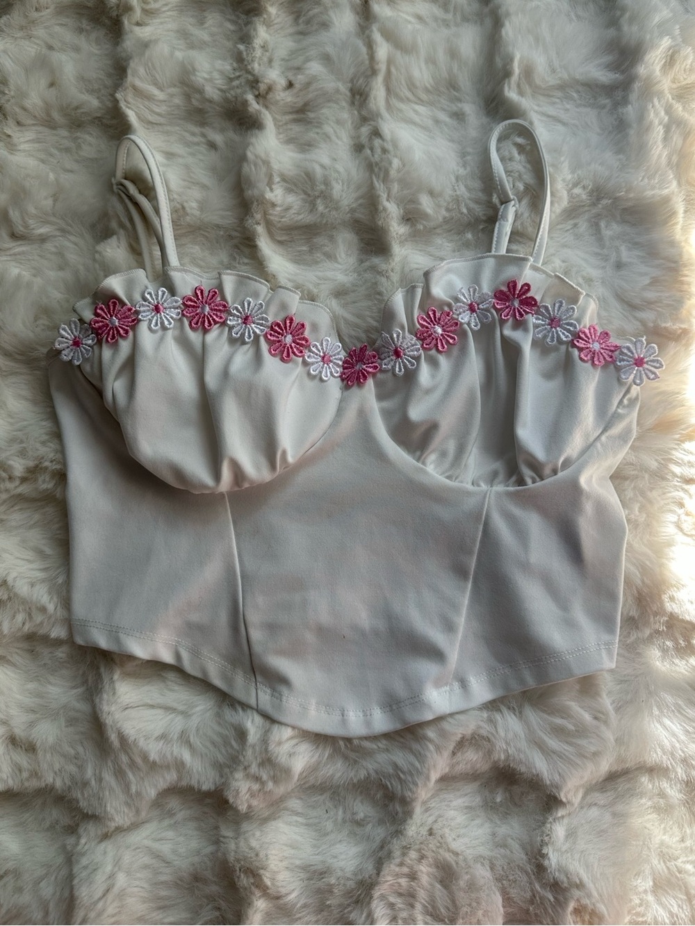 Dolls Pink Flower Floral Detail Essential Stylish Cami Crop Top- Women’s